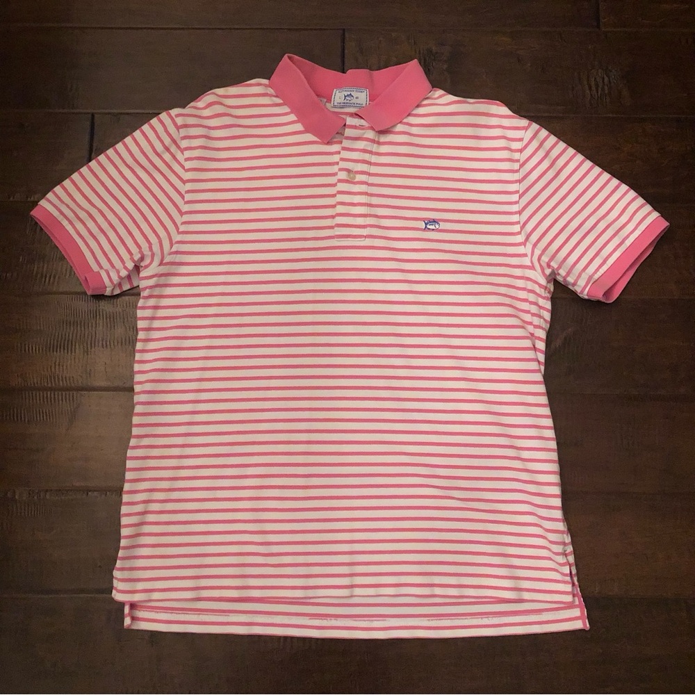 Southern Tide The Skipjack Polo Men’s Pink & White Striped Shirt 👚 - Size Large